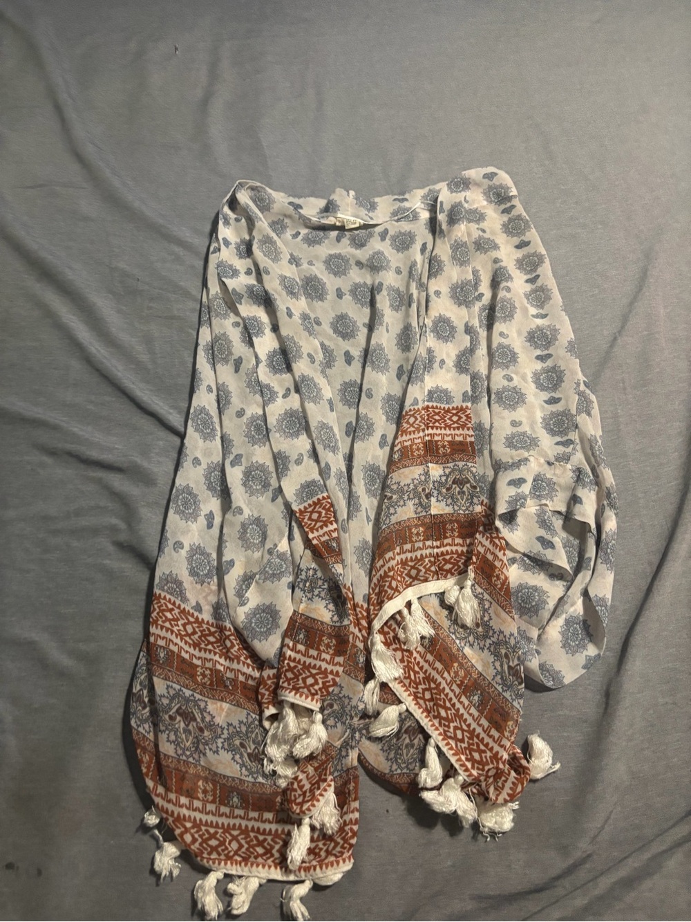 Ardene White and Rust Patterned Tassel Poncho